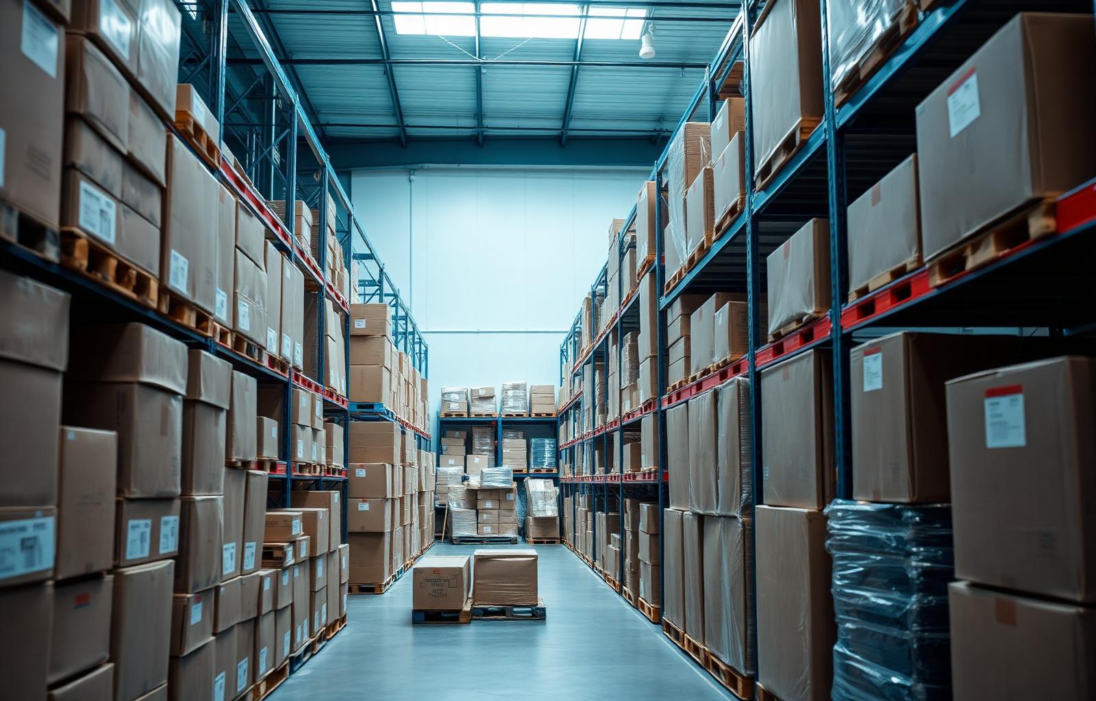 Organized warehouse aisle stacked with packaging supplies and pallets